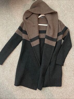 Vince Hooded Open-Front Stripe Cardigan in Brown & Black